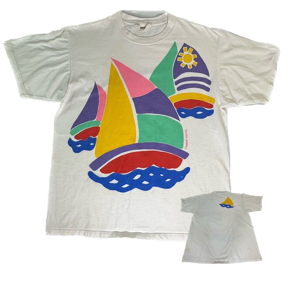 Vintage Monteal Sailboat T Shirt One Size USAβ 80s 90s Nautical Beach Distressed